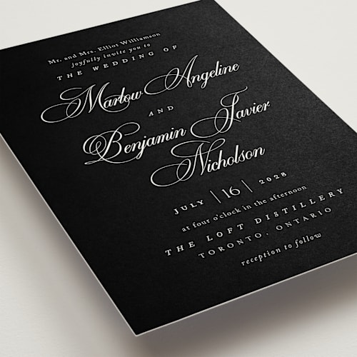 This is a midnight wedding invitations with standard by Kelly Schmidt called chic script printing on signature in standard