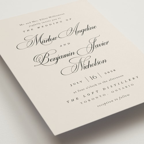 This is a linen wedding invitations with standard by Kelly Schmidt called chic script printing on signature in standard
