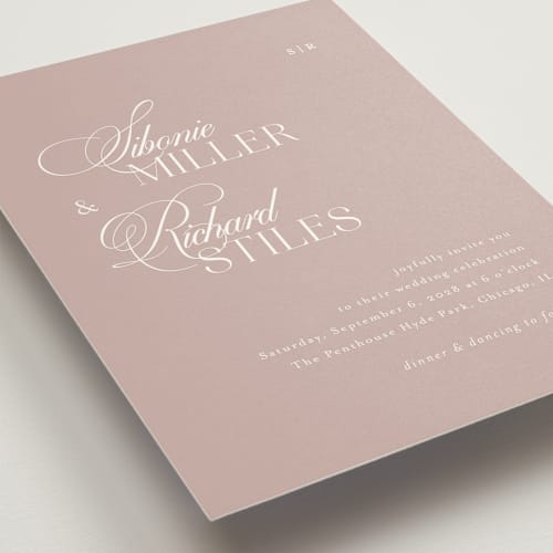 This is a dusty rose wedding invitations with standard by Melanie Kosuge called sibonie printing on signature in standard