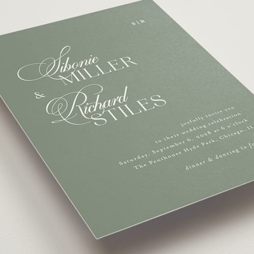 This is a sage wedding invitations with standard by Melanie Kosuge called sibonie printing on signature in standard