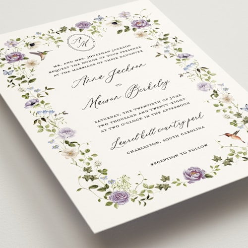 This is a wisteria wedding invitations with standard by Sarah Knight called ornate printing on signature in standard