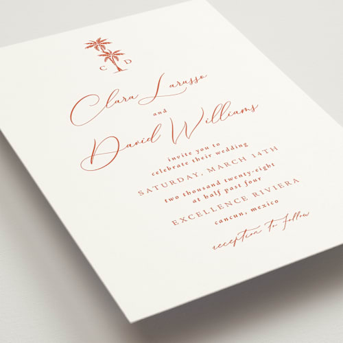 This is a persimmon wedding invitations with standard by Olivia Raufman called palm monogram printing on signature in standard