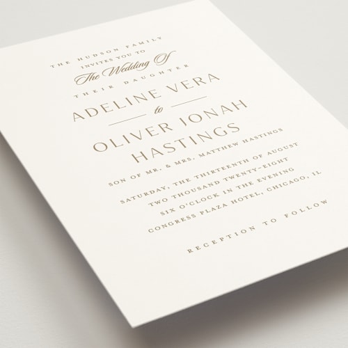 This is a golden wedding invitations with standard by Stacey Meacham called classic decorum printing on signature in standard