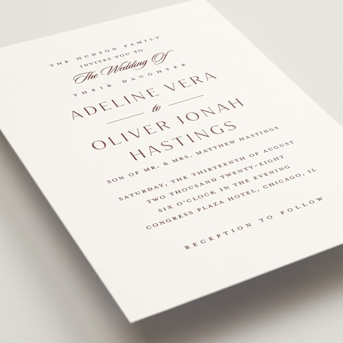 This is a claret wedding invitations with standard by Stacey Meacham called classic decorum printing on signature in standard