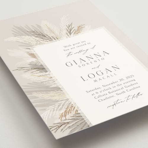 This is a ash wedding invitations with standard by Kaydi Bishop called pampas & palms printing on signature in standard