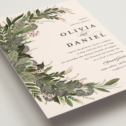This is a blush wedding invitations with standard by Susan Moyal called side swept printing on signature in standard