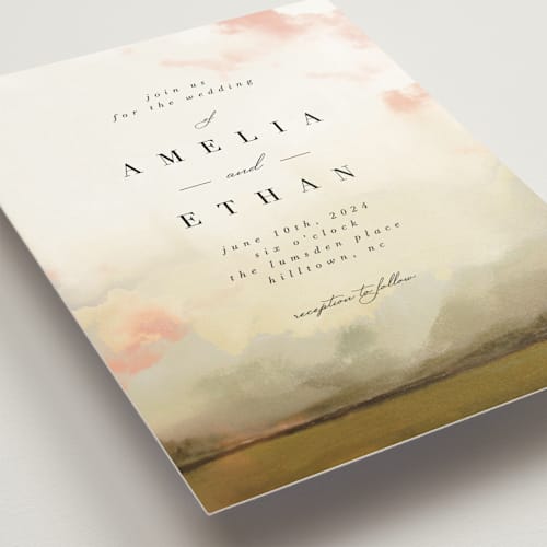 This is a moss wedding invitations with standard by Hannah Williams called pastel sky printing on signature in standard