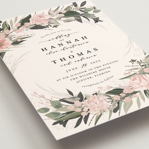 This is a blush wedding invitations with standard by Susan Moyal called ivory ring printing on signature in standard