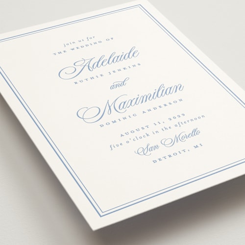 This is a periwinkle wedding invitations with standard by Ellen Schlegelmilch called museo printing on signature in standard