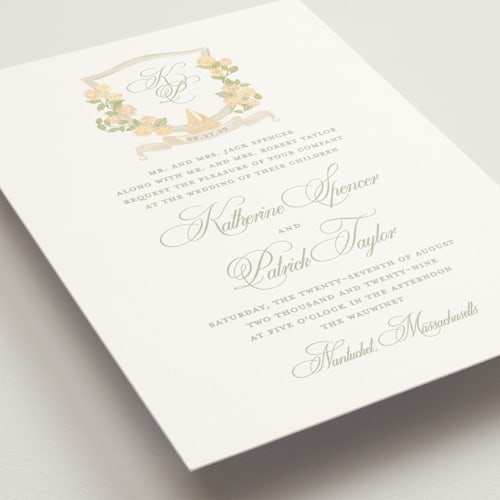 This is a buttercup wedding invitations with standard by Creo Study called coastal crest printing on signature in standard