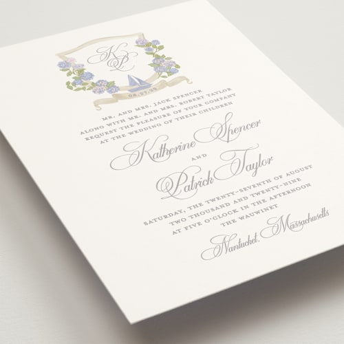 This is a lavender wedding invitations with standard by Creo Study called coastal crest printing on signature in standard