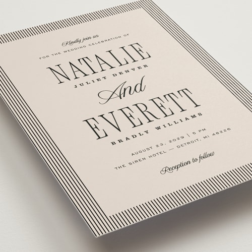 This is a noir wedding invitations with standard by Pixel and Hank called linea printing on signature in standard