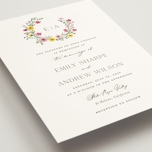 This is a peony wedding invitations with standard by Yaling Hou Suzuki called wildflower wreath printing on signature in standard
