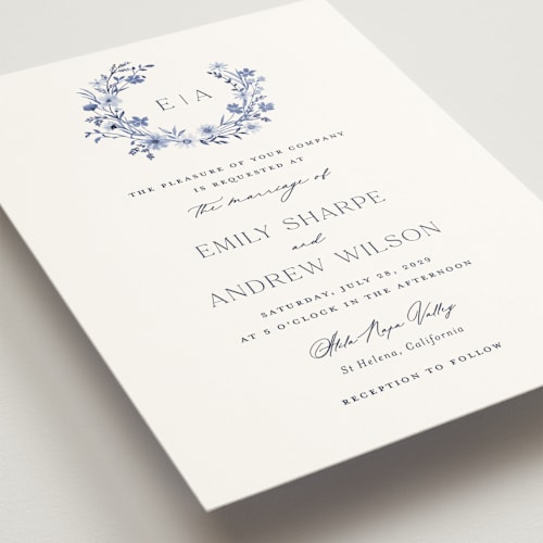 This is a cobalt wedding invitations with standard by Yaling Hou Suzuki called wildflower wreath printing on signature in standard