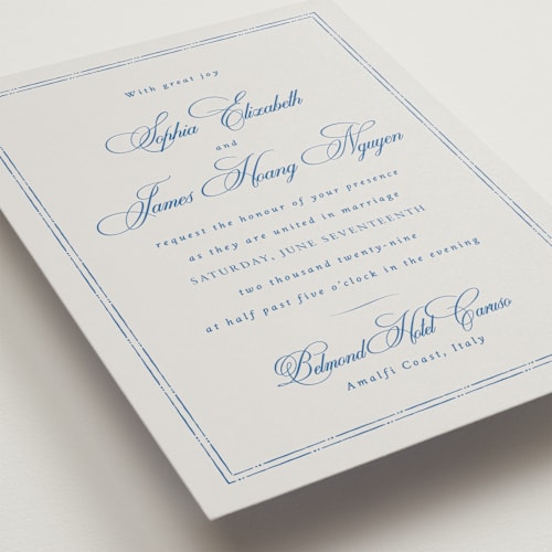 This is a blue mist wedding invitations with standard by Design Lotus called amalfi blue printing on signature in standard