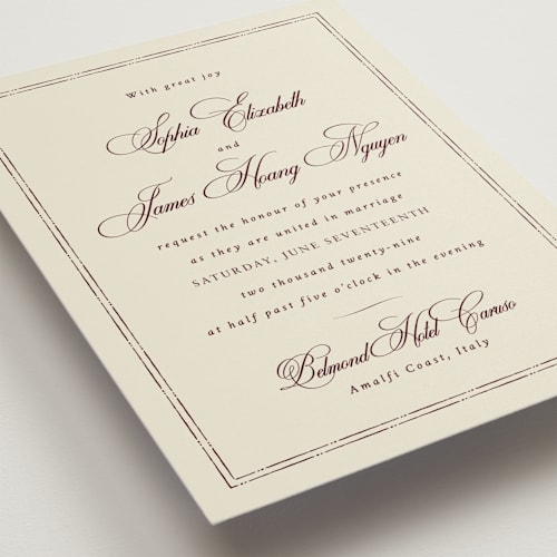 This is a maroon wedding invitations with standard by Design Lotus called amalfi blue printing on signature in standard