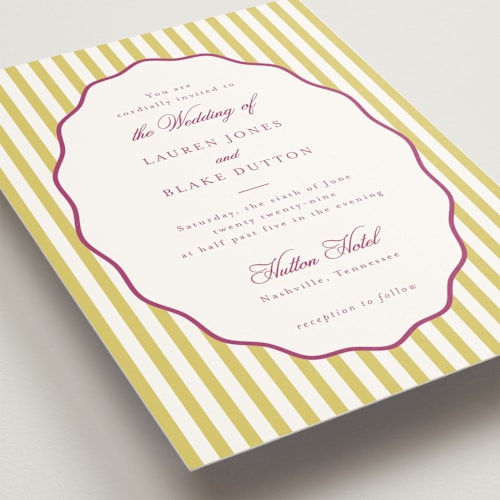This is a tropical citrus wedding invitations with standard by Emily Betts called curved frame printing on signature in standard