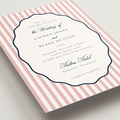 This is a navy peony wedding invitations with standard by Emily Betts called curved frame printing on signature in standard