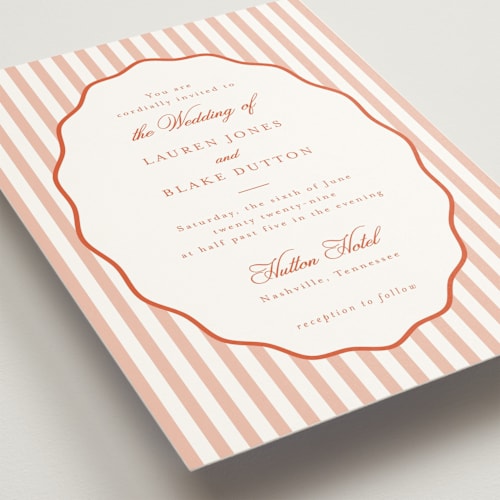 This is a sunset wedding invitations with standard by Emily Betts called curved frame printing on signature in standard