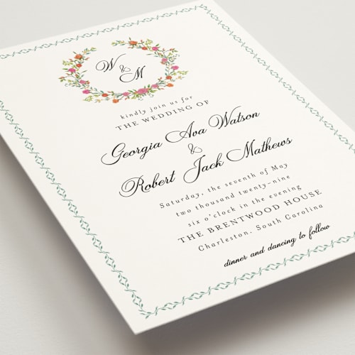 This is a tropical wedding invitations with standard by Susan Moyal called monogramed printing on signature in standard