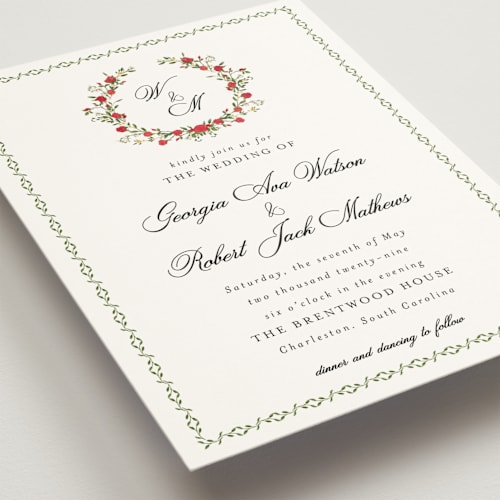 This is a crimson wedding invitations with standard by Susan Moyal called monogramed printing on signature in standard
