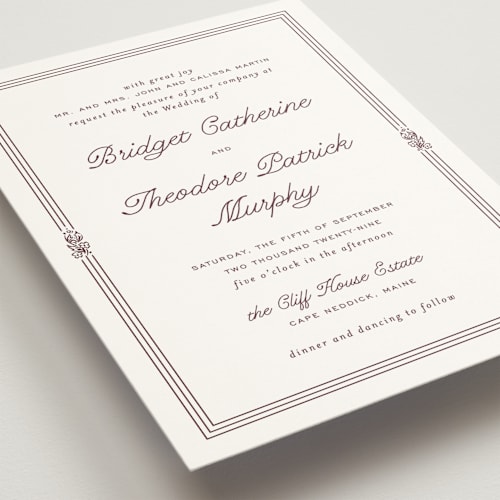 This is a wine wedding invitations with standard by Kate Ahn called court printing on signature in standard