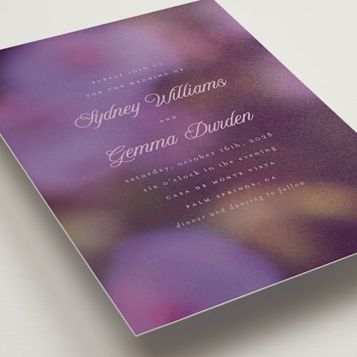 This is a violet wedding invitations with standard by Morgan Kendall called bloom printing on signature in standard