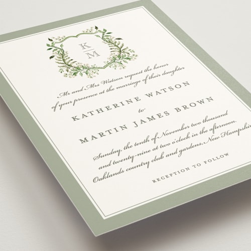 This is a sage wedding invitations with standard by Sarah Knight called greenery crest printing on signature in standard