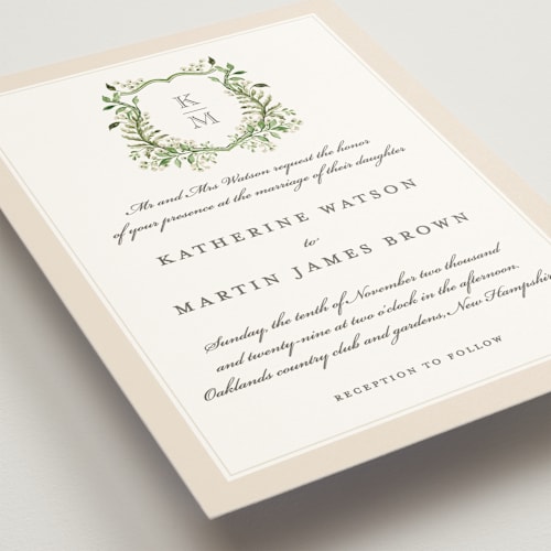 This is a linen wedding invitations with standard by Sarah Knight called greenery crest printing on signature in standard