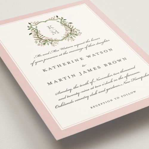 This is a quartz wedding invitations with standard by Sarah Knight called greenery crest printing on signature in standard