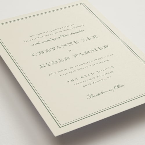 This is a sage wedding invitations with standard by Stacey Meacham called engraved names printing on signature in standard