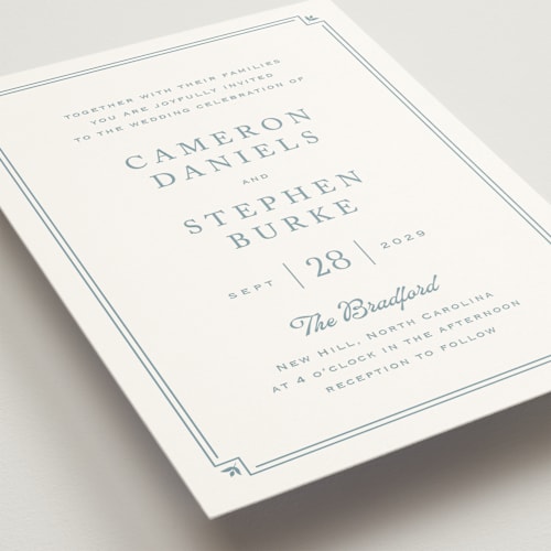 This is a french blue wedding invitations with standard by Carolyn MacLaren called fleur corner printing on signature in standard