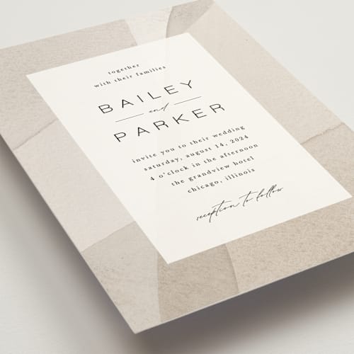 This is a sandstone wedding invitations with standard by Kate Ahn called gossamer printing on signature in standard