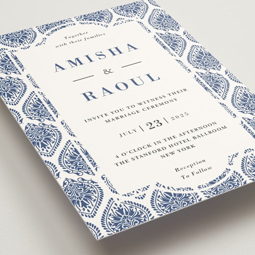 This is a azure wedding invitations with standard by Oma N. Ramkhelawan called calcutta stamp printing on signature in standard