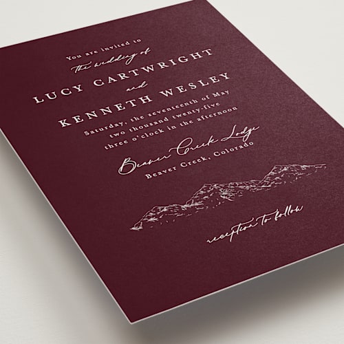 This is a merlot wedding invitations with standard by Sarah Brown called mountainview printing on signature in standard