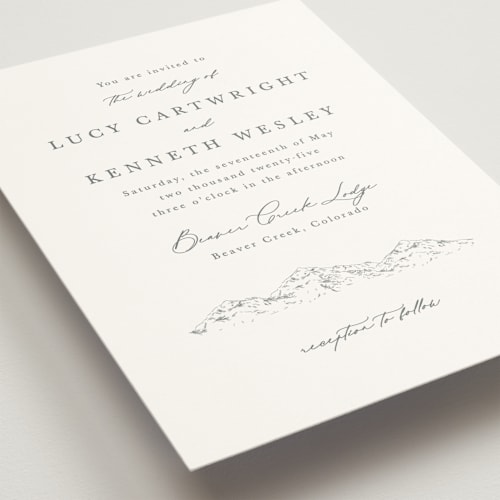 This is a pewter wedding invitations with standard by Sarah Brown called mountainview printing on signature in standard