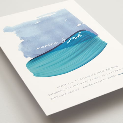 This is a wave wedding invitations with standard by kelli hall called marine printing on signature in standard
