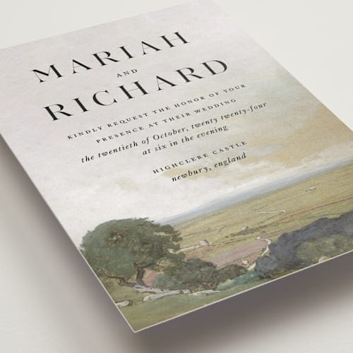 This is a moss wedding invitations with standard by Olivia Kanaley Inman called roman landscape printing on signature in standard