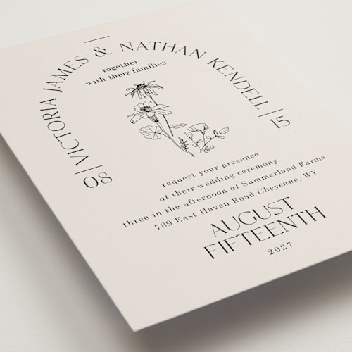 This is a linen wedding invitations with standard by Baumbirdy called floral type arch printing on signature in standard