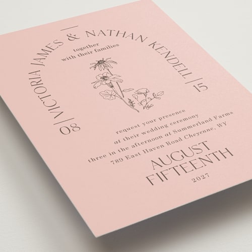 This is a petal wedding invitations with standard by Baumbirdy called floral type arch printing on signature in standard