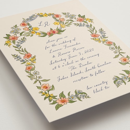This is a peach wedding invitations with standard by Chris Griffith called a wedding in low country printing on signature in standard