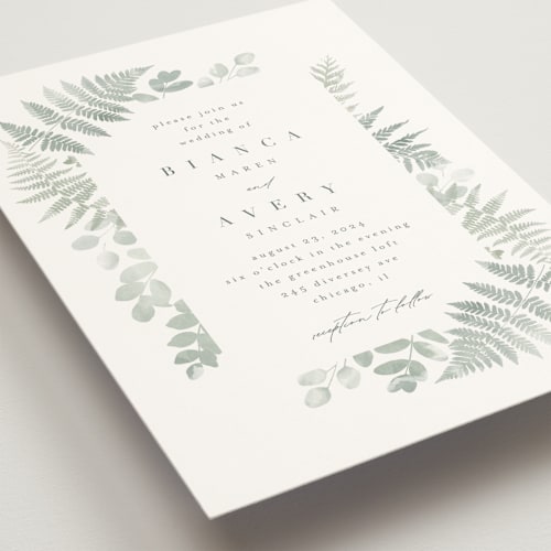 This is a fern wedding invitations with standard by Kristie Kern called gilded woodland printing on signature in standard