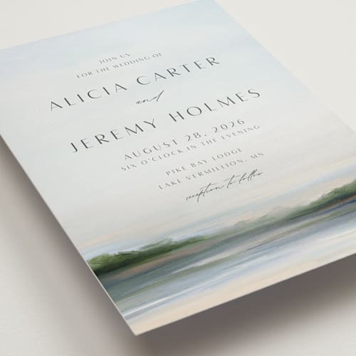 This is a sky wedding invitations with standard by Nicole Walsh called calm water printing on signature in standard