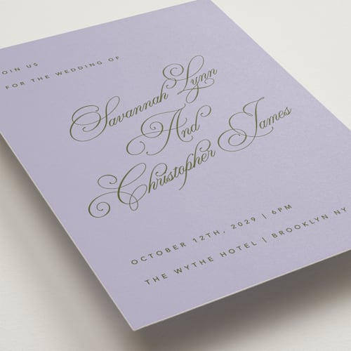 This is a lavender wedding invitations with standard by Kelly Watkins called vivid printing on signature in standard