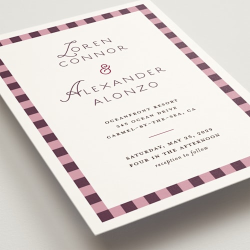 This is a burgundy wedding invitations with standard by Angela Quan called grid printing on signature in standard
