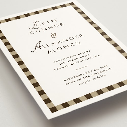 This is a leather wedding invitations with standard by Angela Quan called grid printing on signature in standard