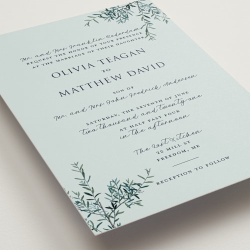This is a juniper wedding invitations with standard by Christie Kelly called fresh sage printing on signature in standard