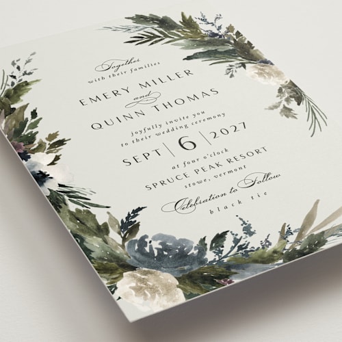 This is a dusty blue wedding invitations with standard by Kate Ahn called poetique printing on signature in standard
