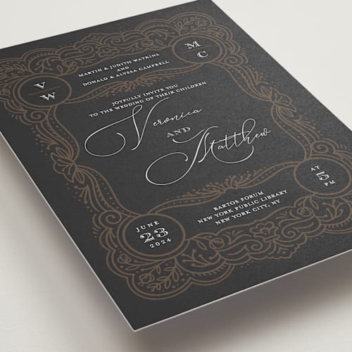 This is a dark chocolate wedding invitations with standard by Laura Bolter called eternal love printing on signature in standard