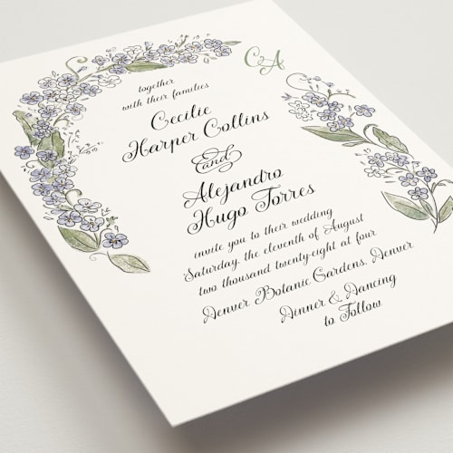 This is a violet wedding invitations with standard by Jenna Holcomb called forget me nots printing on signature in standard
